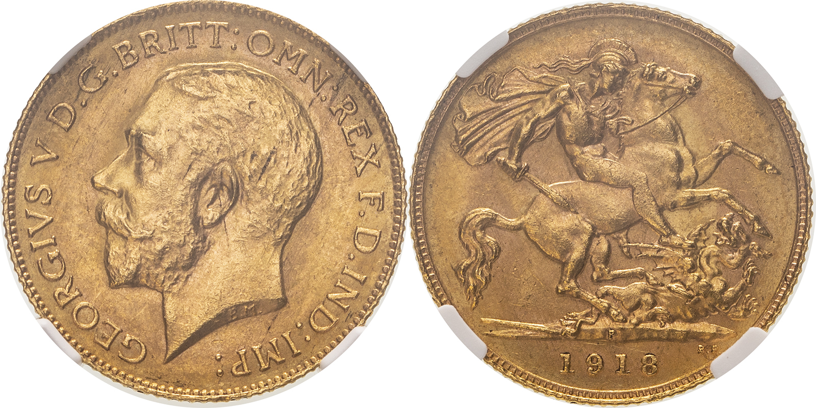 Lot 22: 1918 P Gold Half-Sovereign Single Finest NGC MS 63+ #6133257-005 (AGW=0.1176 oz.)