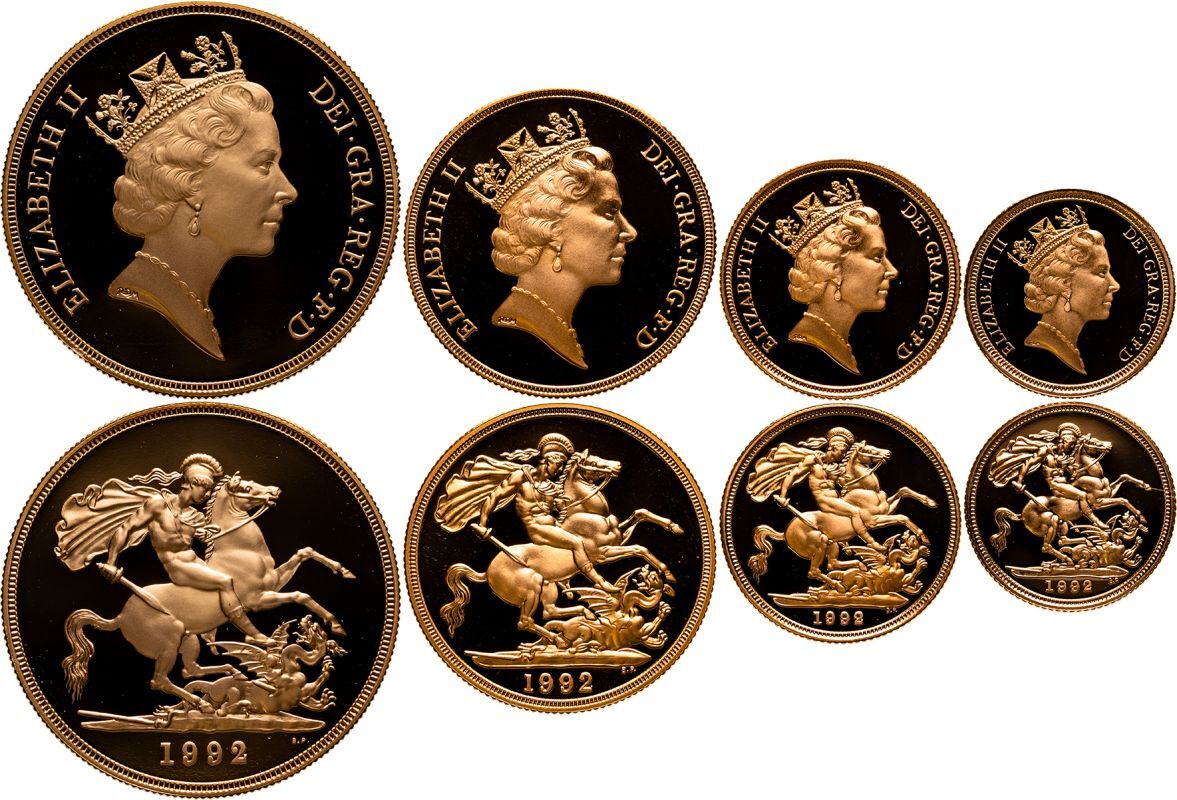 Lot 147: 1992 Gold 4-Coin Sovereign Collection Proof FDC Box & COA (AGW=2.0010 oz.)