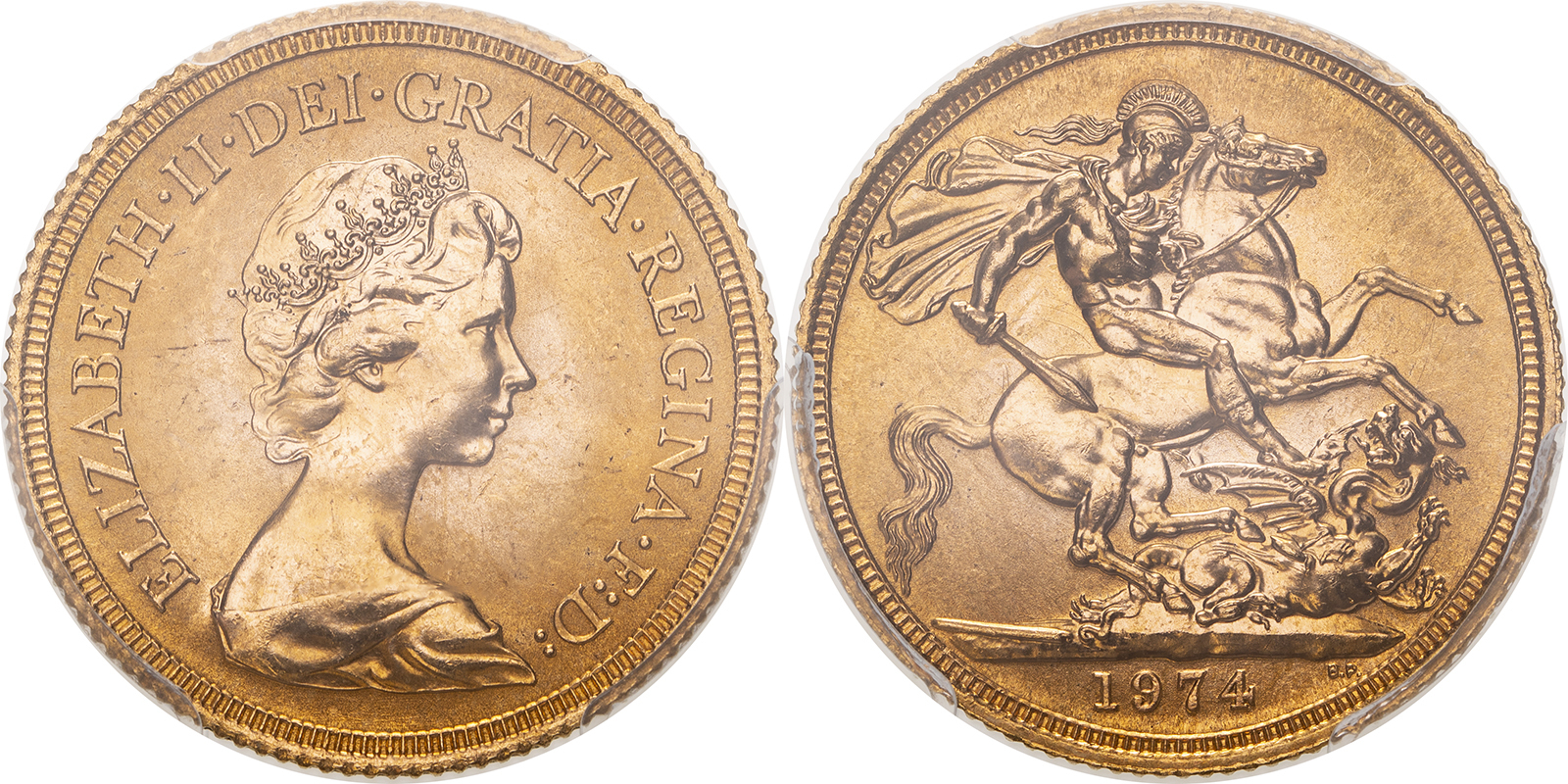 Lot 47: 1974 Gold Sovereign Equal-finest PCGS MS66 #44084266 (AGW=0.2355 oz.)