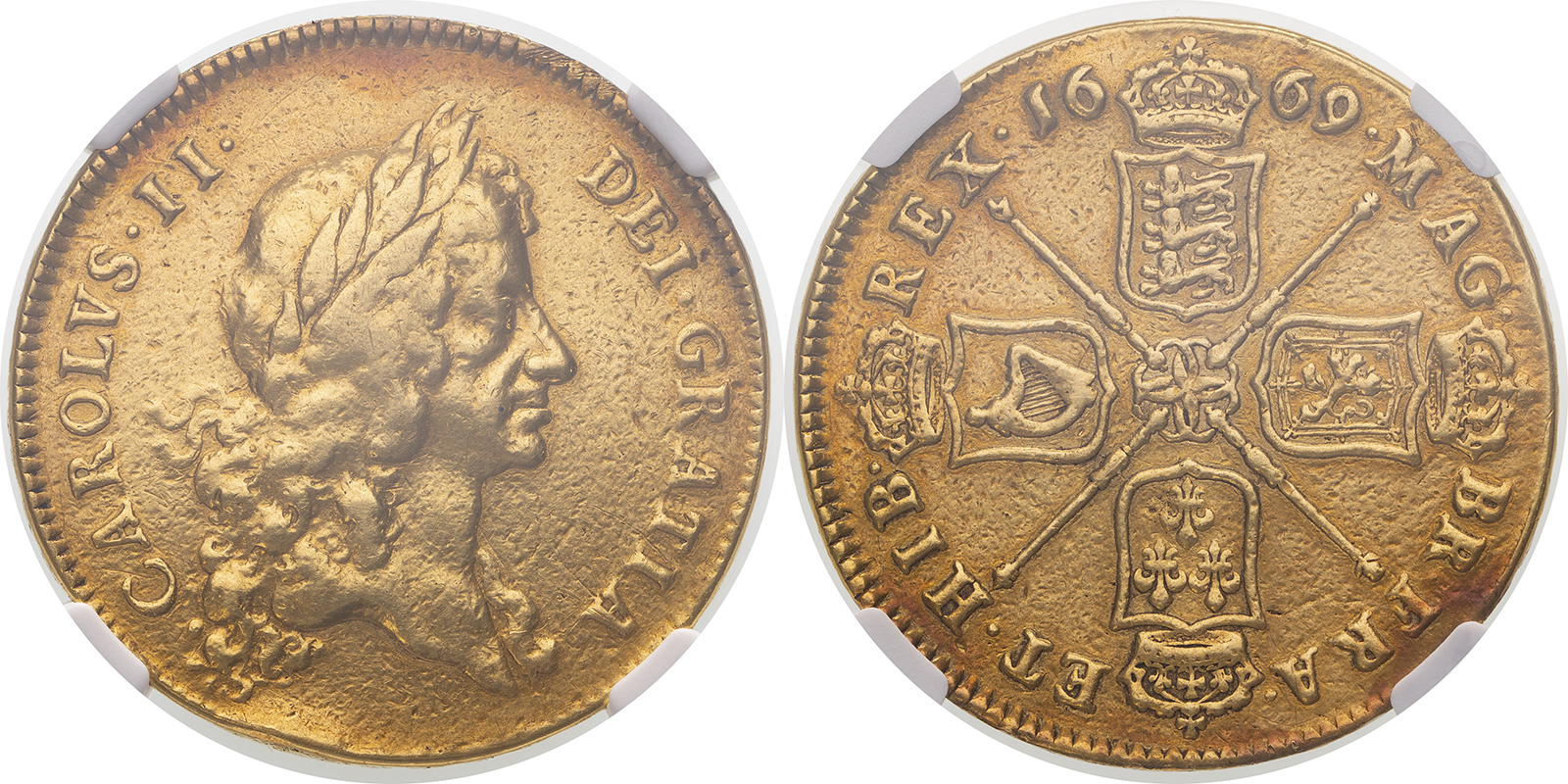 Lot 5: 1669 Gold 5 Guineas NGC VF Details #6266701-001 (AGW=1.2310 oz.)